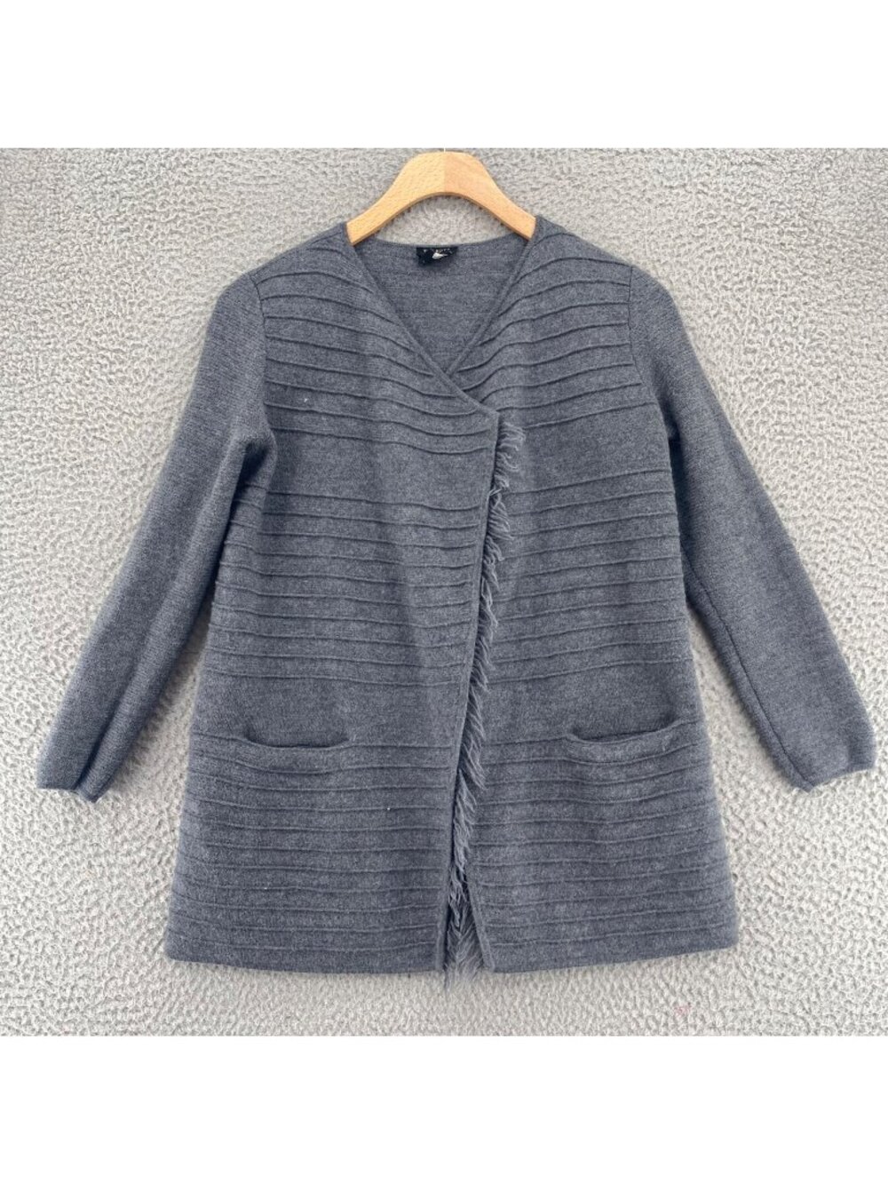 Talbots Sweater Womens Small Petite Gray Merino Wool Fringe Coatigan 3/4 Sleeve